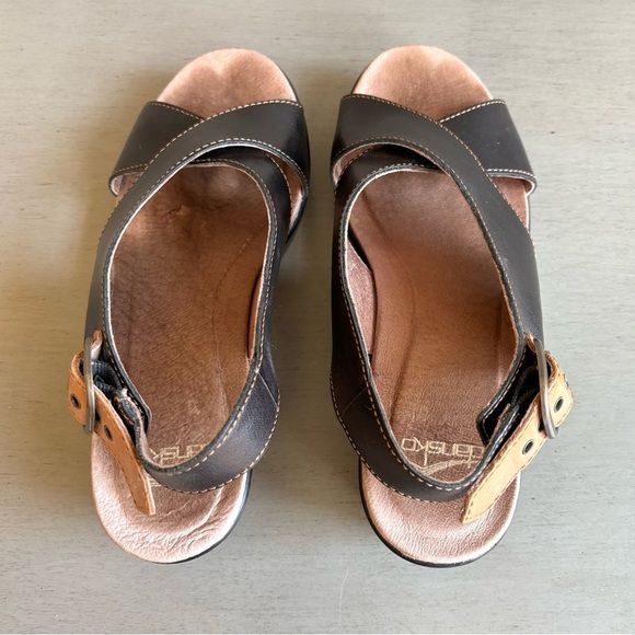 Dansko Jacinda Black Tan Slingback Leather Criss Cross Strap Wedge Sandal 37 - Picture 7 of 13